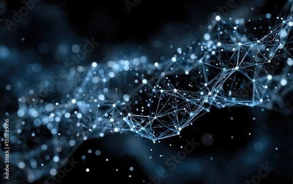 Obraz Futuristic Network 3D Background with Black Low-Poly Blue Glow Mesh, 4K Hyper-Detained Abstract Tech Presentation