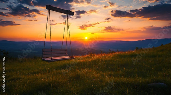Obraz Lonely Wooden Swing at Sunset Over Grassy Hillside, Textarea 