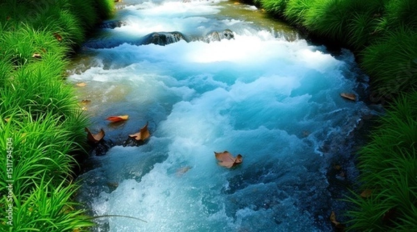 Obraz Clear Blue Stream Flowing Through Lush Green Grass Banks