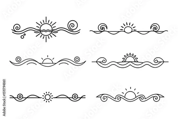 Obraz 
Ornate Sun divider Fancy Lines summer Elegant, Swirling Lines sunset and sunrise tropical beach ornate border design, beach vibes Thin line calligraphy page separator decorative element

