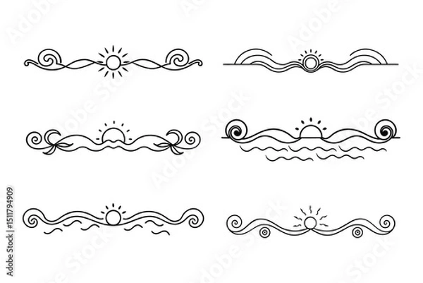 Obraz 
Ornate Sun divider Fancy Lines summer Elegant, Swirling Lines sunset and sunrise tropical beach ornate border design, beach vibes Thin line calligraphy page separator decorative element

