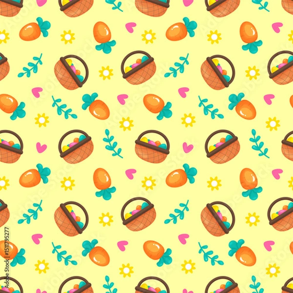 Fototapeta Seamless Easter pattern with basket with eggs, carrot, flower. In  style. Ideal for baby clothes, textiles, packaging, web backgrounds, fabrics, wrapping paper, decoration.