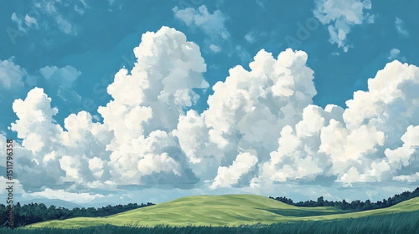 Obraz Fluffy White Clouds Over a Rolling Green Hill Under a Blue Sky, Textarea 