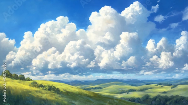 Obraz Fluffy White Clouds Over a Rolling Green Hill Under a Blue Sky, Textarea 
