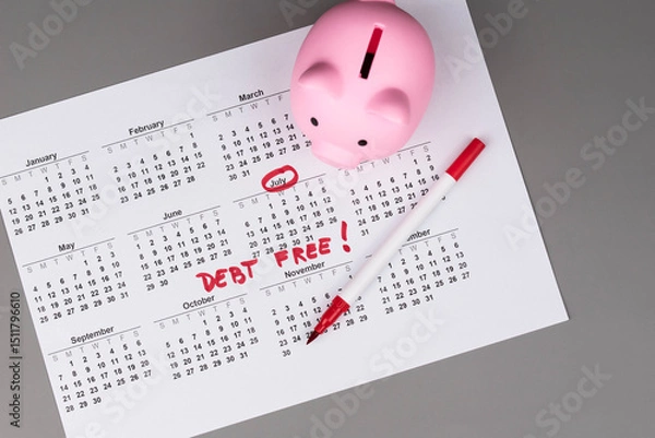Fototapeta Piggy bank on calendar with the words 'Debt Free' written on it, symbolizing saving money, financial freedom, and achieving a debt-free lifestyle. Concept of financial independence and budgeting.