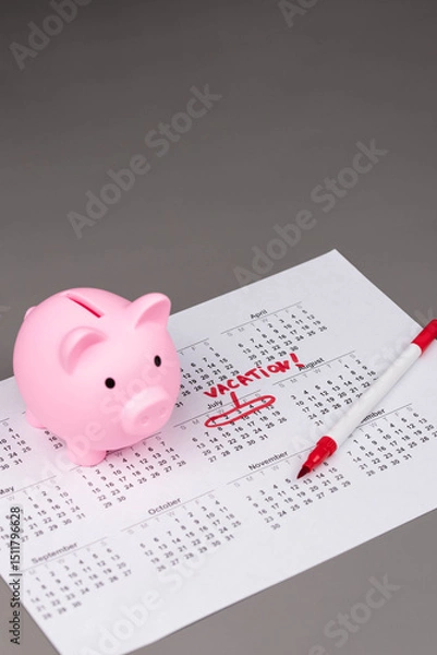Fototapeta Piggy bank on calendar with the words 'Vacation' written on it, symbolizing saving money for travel, financial planning, and budgeting for a dream getaway. Concept of vacation savings and planning.