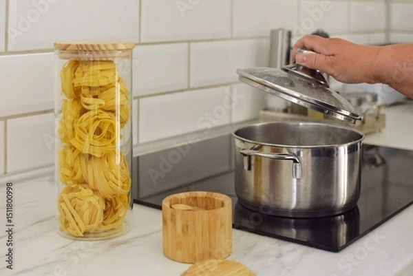 Obraz A woman opens the lid of a pot of boiling water to cook pasta