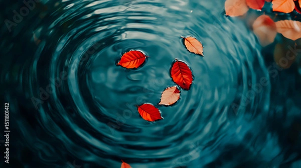 Obraz Red Leaves Floating on Dark Blue Water with Concentric Ripples