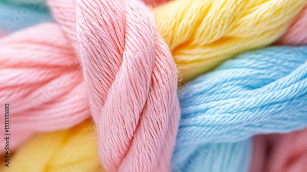 Obraz Close-up Pastel Pink Blue Yellow Yarn Threads Intertwined Abstract Macro Photography