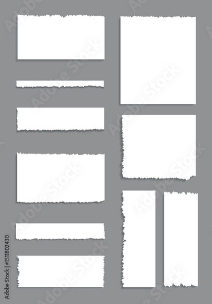Fototapeta Collection of set of rectangular sheets of white paper with torn paper effect and realistic shadow effect, isolated vector illustration
