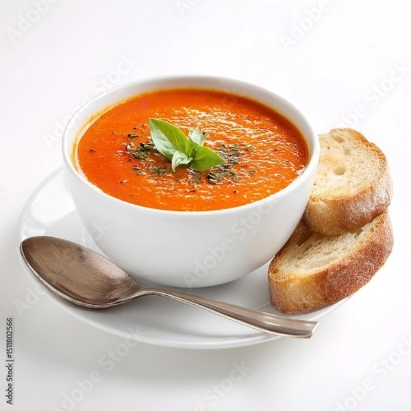Fototapeta Tomato soup recipe homemade with basil and bread on white background for healthy eating and cooking