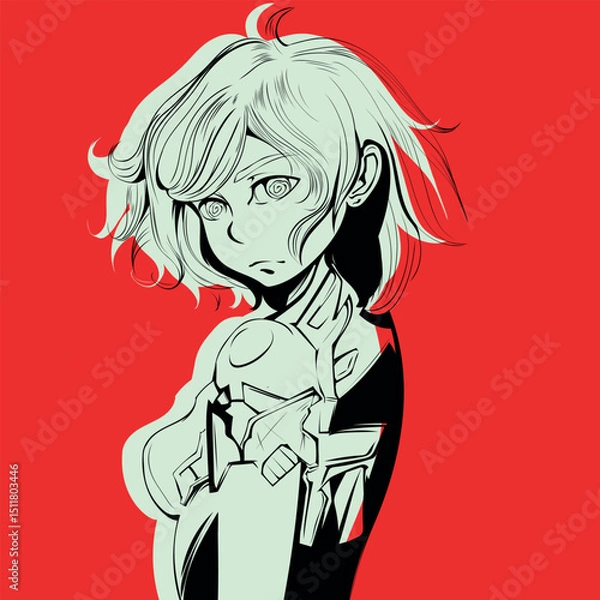 Obraz Vector illustration in anime style. Girl with loose hair and cyber suit.