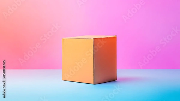 Obraz Orange Cardboard Package on Gradient Pink Blue Background, Concept of transport packaging 