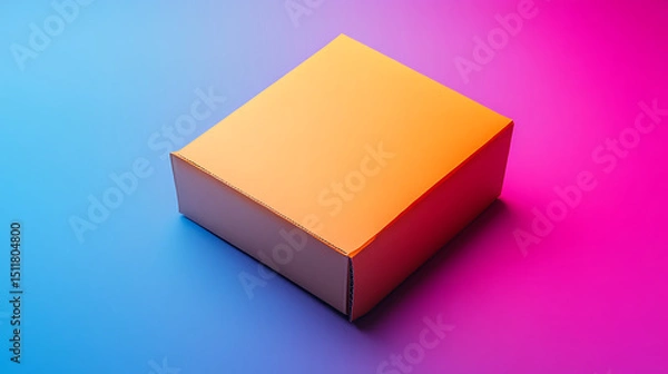 Obraz Orange Cardboard Package on Gradient Pink Blue Background, Concept of transport packaging 