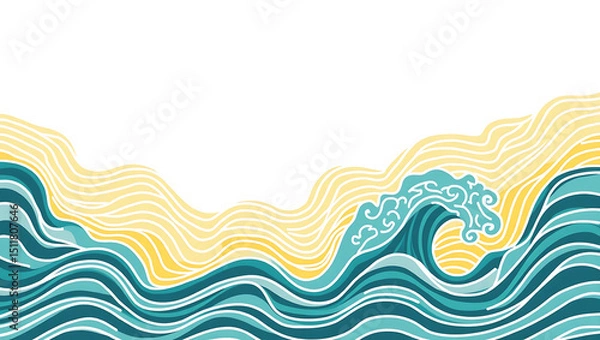 Obraz Abstract Wave and Cloud Illustration – Modern Japanese-Inspired Art in Teal and Yellow Tones