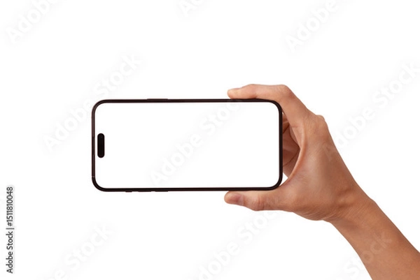 Obraz Hand holding the black smartphone with blank screen and modern frameless design in rotated perspective positions - isolated transparent background - Clipping Path