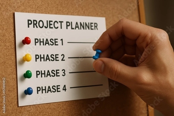 Fototapeta hand attaching the final color-coded pin to a cork board project planner. Each color represents a phase