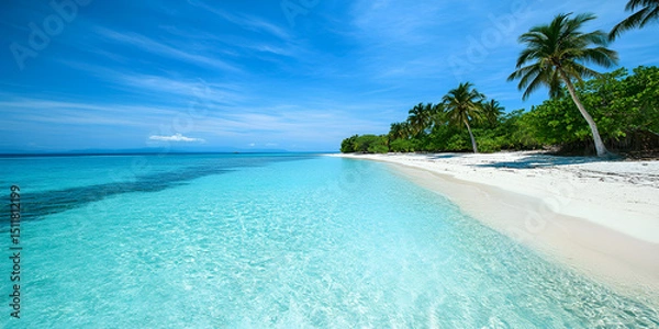 Fototapeta Tropical beach with clear water and palm trees, Stunning tropical coastline with turquoise ocean, Paradise beach with clear water and sandy shore