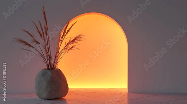 Obraz Minimalist Arch Lamp with Glowing Orange Light and Stone Vase, Text area
