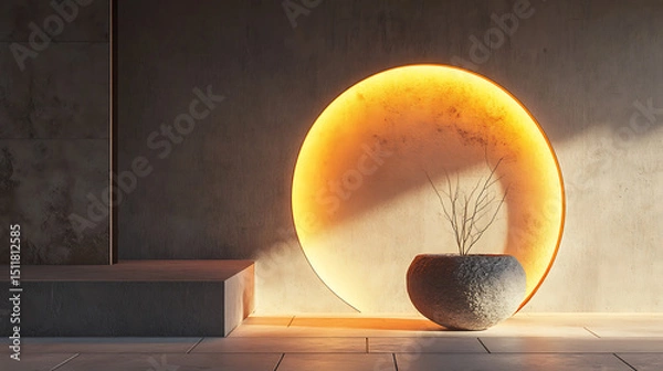 Obraz Minimalist Arch Lamp with Glowing Orange Light and Stone Vase, Text area
