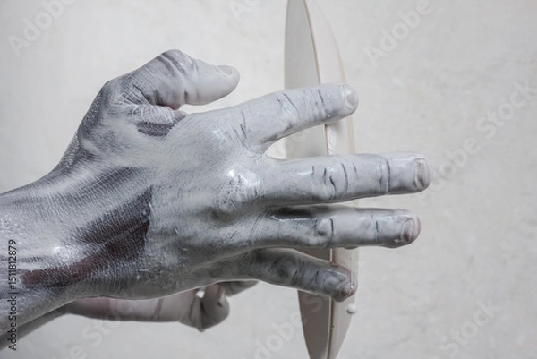 Fototapeta strong active hands working with pottery during the glazing process textured 