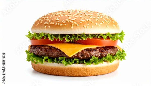 Fototapeta Delicious Juicy Hamburger Isolated on White Background for Food and Menu Design