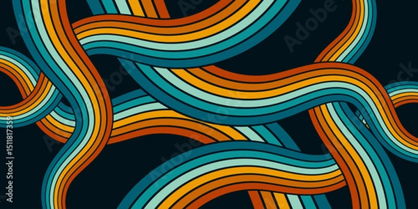 Obraz Abstract background of rainbow groovy Wavy Line design in 1970s Hippie Retro style. Vector pattern ready to use for cloth, textile, wrap and other.