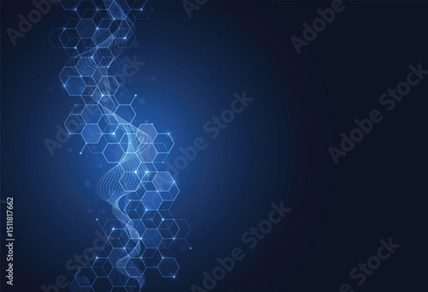 Fototapeta Abstract science template background. Technology lines and dots connection. Wallpaper or banner with a DNA molecules.