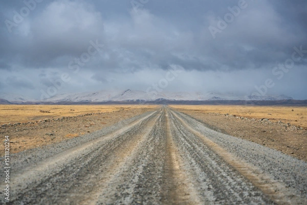 Obraz Gravel road stretching from Altai towards the Mongolian border with snowy mountain ridge. Desert steppe landscape under stormy cloudy sky showcasing wild remote terrain