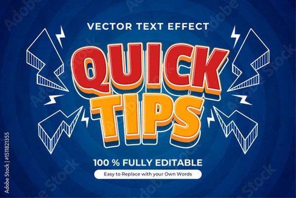 Obraz QUICK TIPS editable text effect in bold text in the center of a lightning graphic set on a radial blue background