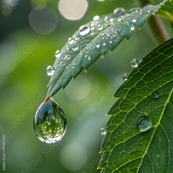 Fototapeta Rain water drops on neutral green leaf AI generated 