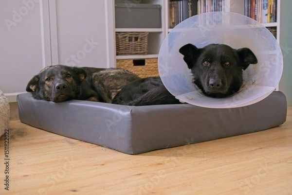Obraz Two German Shepherds lying comfortably in a dog bed