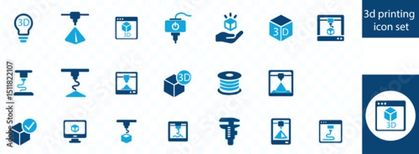 Fototapeta 3D printing icon set. 3D printer, modeling, filament, 3D scanner, additive manufacturing, prototype and more.