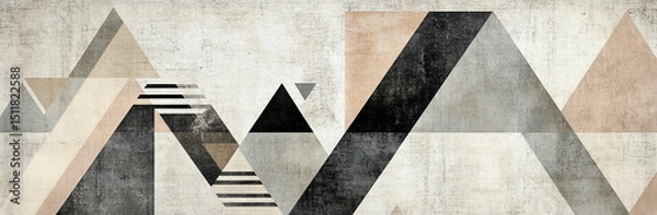 Fototapeta Geometric pattern with triangles, stripes, and shapes in gray, beige, and brown tones on a vintage paper background, resembling a retro wallpaper or wall mural.
