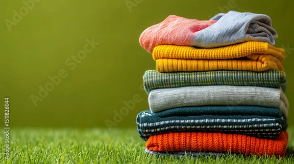 Obraz Stack of Folded Summer Clothing on green Background 