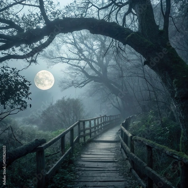 Obraz Misty Forest Path with Wooden Bridge Under Full Moon