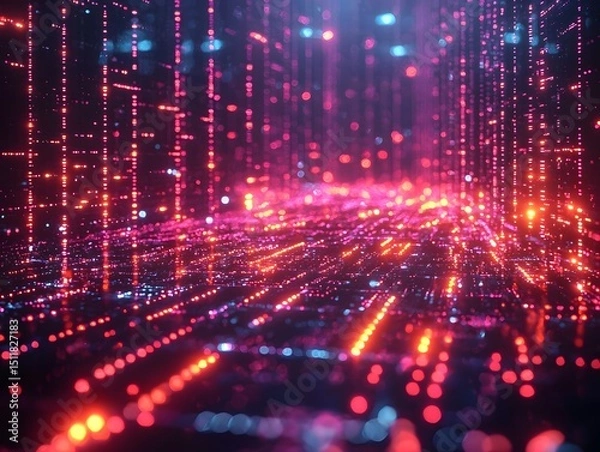 Fototapeta Neon grid landscape symbolizing digital economy and business data flows