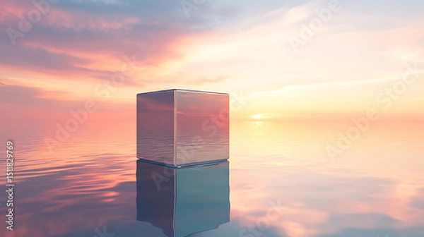 Obraz Reflective Glass Cube at Sunset Over Calm Water, Textarea