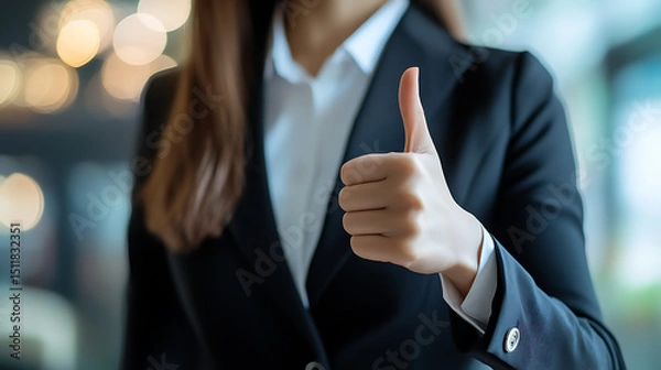 Obraz Thumb up gesture of a business woman's arm, The background is an office.