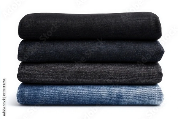 Obraz Four distinct pieces of denim fabric are stacked on top of each other, showcasing different shades of blue and black.