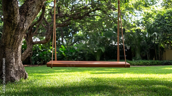 Obraz Children's wooden swing set in a sunny garden park with grass and trees