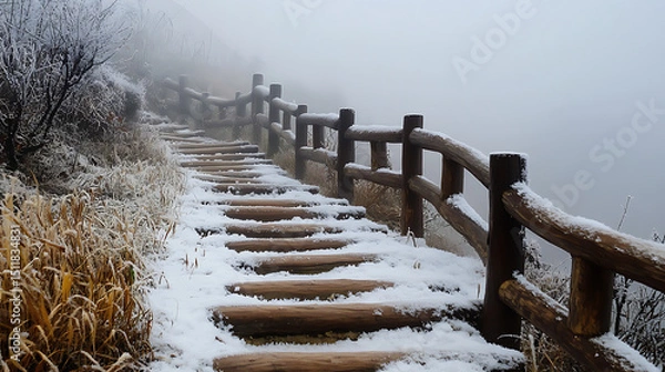 Obraz Snowy winter bridge over a frozen river in a cold natural landscape