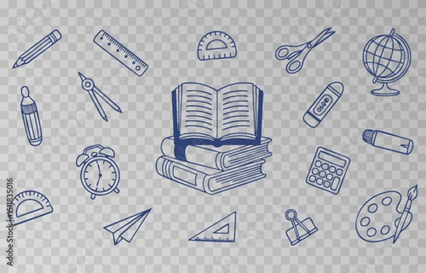 Fototapeta Hand-drawn school supplies icons png set on transparent background. Back to school doodle hand drawn elements, vector set. Vector illustration.