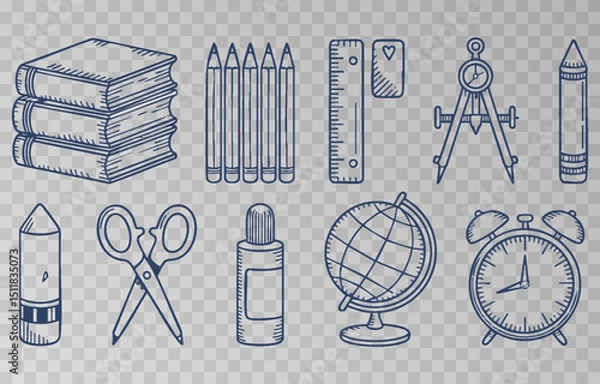 Fototapeta Hand-drawn school supplies icons png set on transparent background. Back to school doodle hand drawn elements, vector set. Vector illustration.