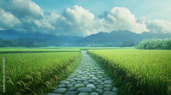 Obraz Tranquil Green Rice Paddy Field with Stone Path and Distant Mountains, A peaceful and intriguing atmosphere 