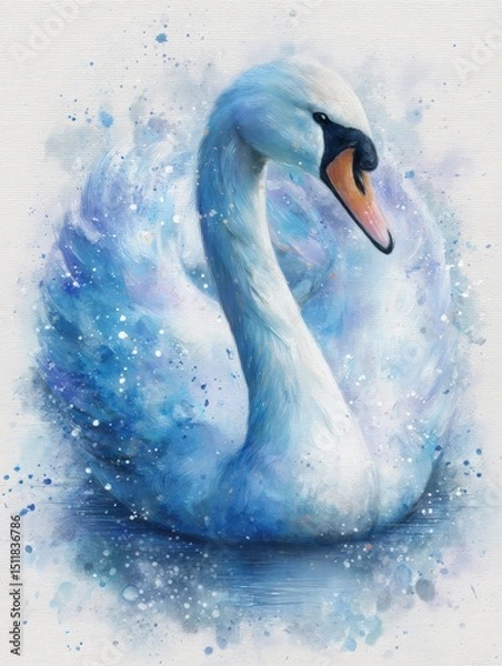 Obraz A graceful white swan occupies the center of the artwork, its feathers blending into soft blue hues. Watercolor splashes enhance the tranquil atmosphere, evoking a sense of calm.