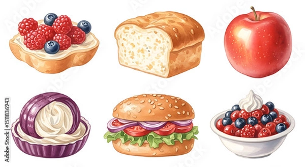 Fototapeta Rustic Watercolor Bakery Selection on White