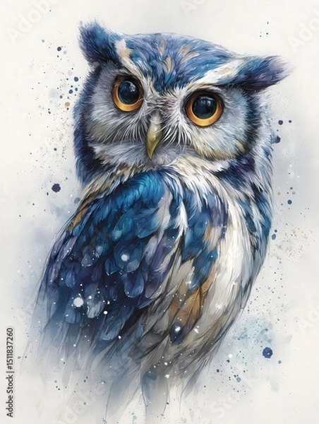Obraz A beautifully crafted illustration of a blue and white owl with striking orange eyes, exuding a sense of wisdom and charm. The artwork features splashes of color that enhance its enchanting presence.