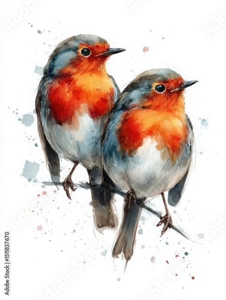 Obraz Two vibrant robins cling to a thin branch, their bright orange and blue feathers striking against the soft background.
