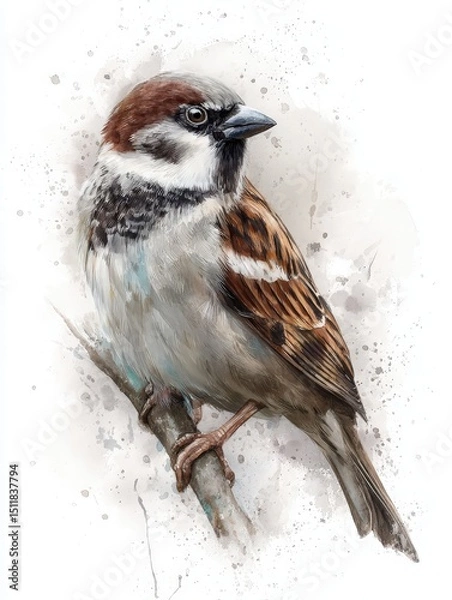Obraz A sparrow is perched on a slender branch, displaying intricate details in its feathers.